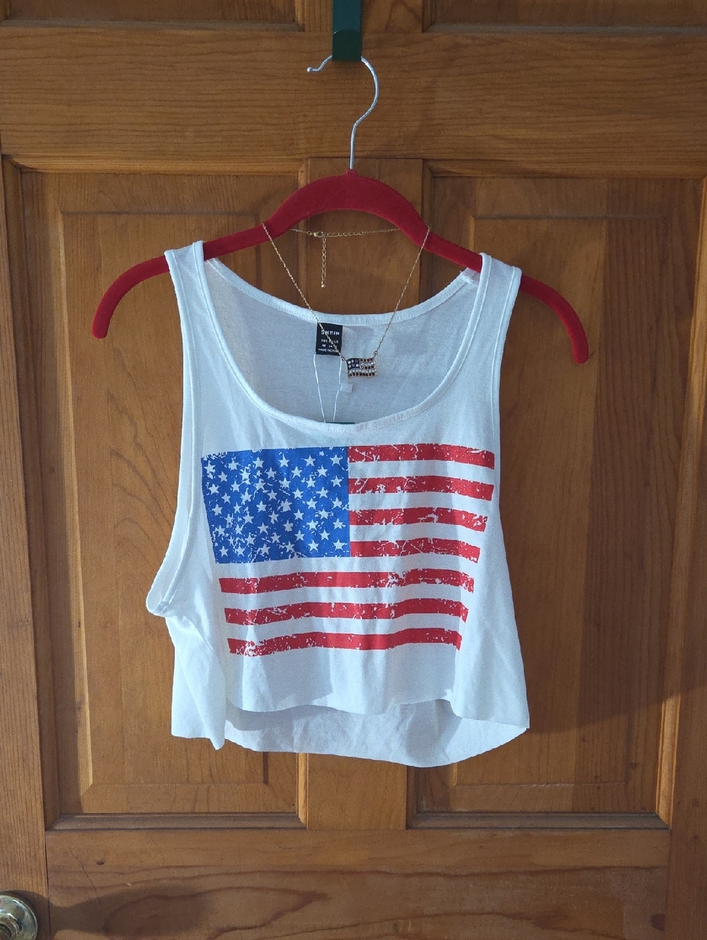 SHEIN White American Flag Crop Tank And American Flag Necklace